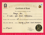Sukanya Das Certificate from Wiz National Spell Bee